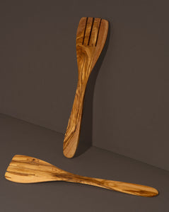 Natural Olive Wood Serving Spatula Forks - Pair