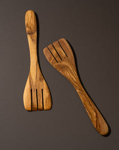 Natural Olive Wood Serving Spatula Forks - Pair