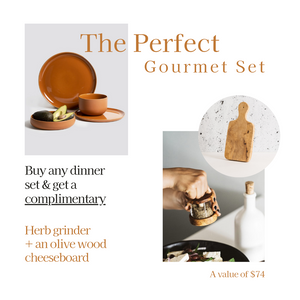 Bundle - Le Gourmand Dinnerware Set  X Olive Wood Board + Grinder