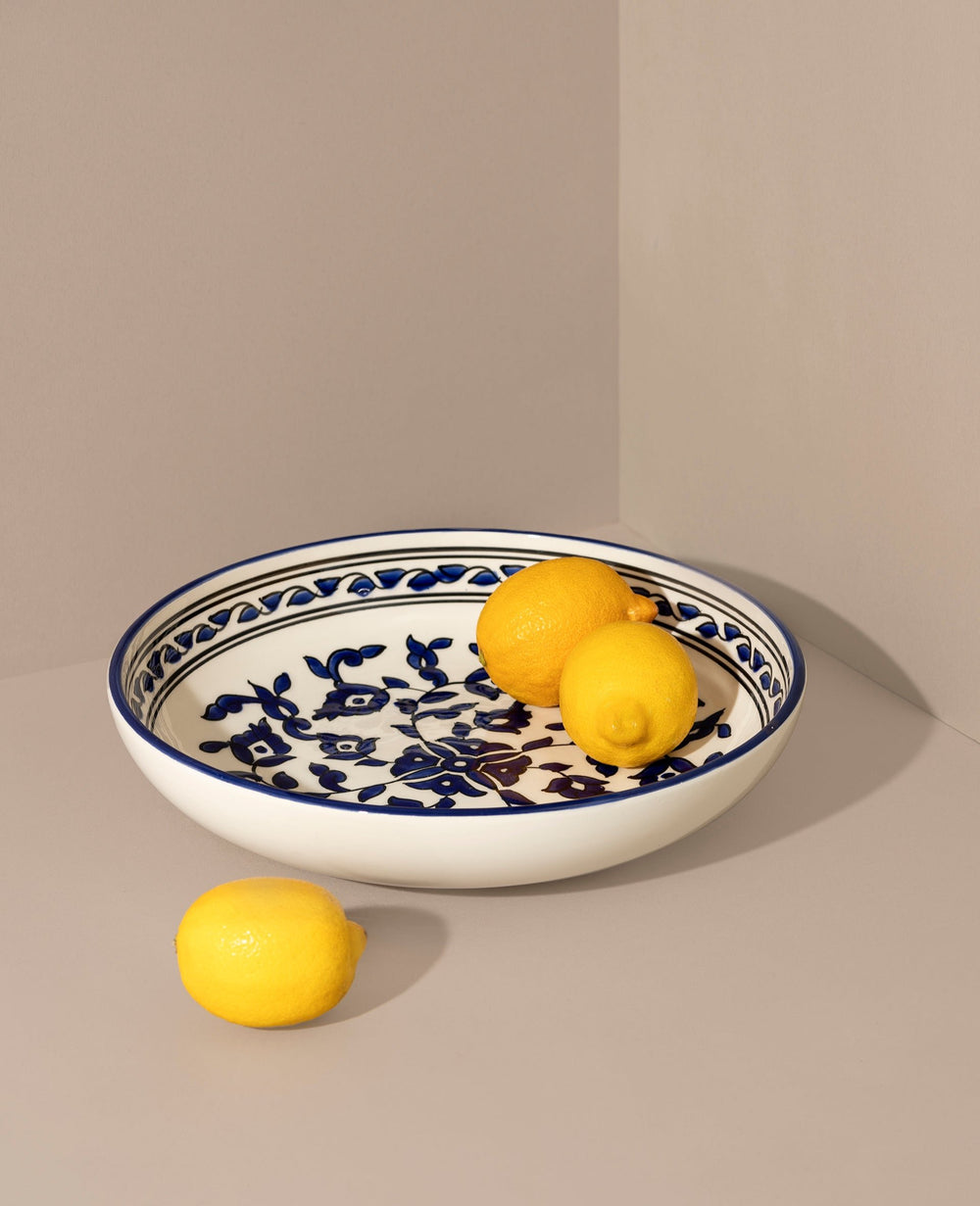 Grand bol décoratif en céramique peint à la main | Floral bleu 12.6"