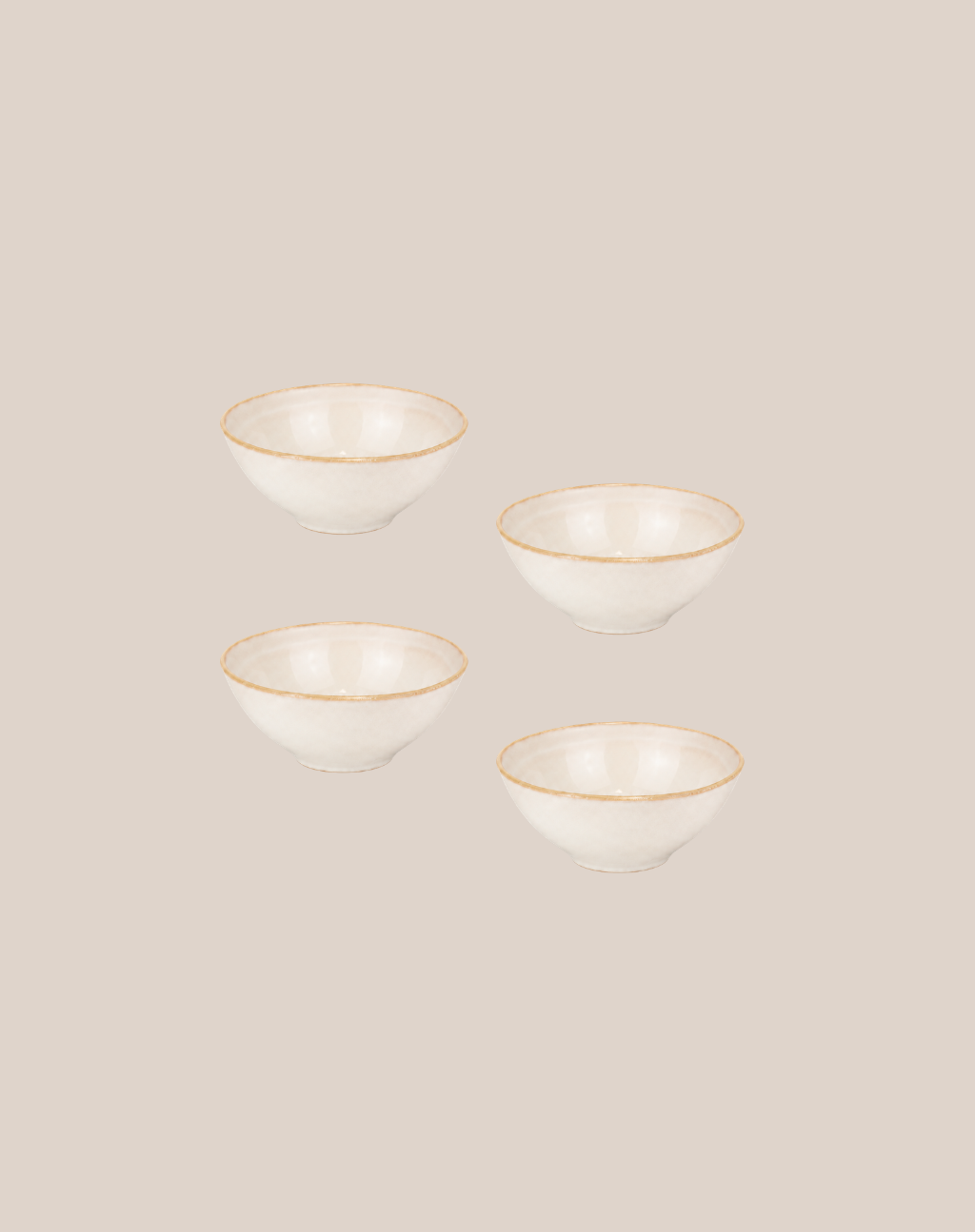 Four small white ceramic bowls with thin ivory rims, arranged in a loose grid on a solid light beige background.