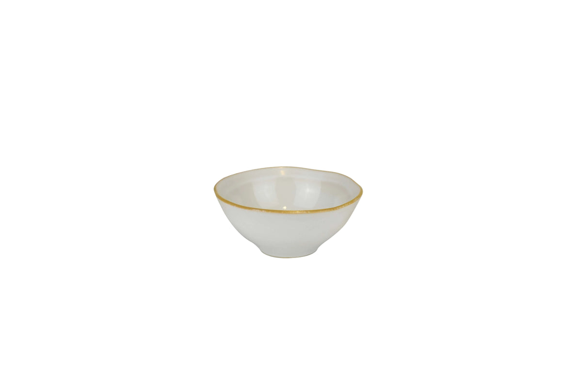 A small white ceramic bowl with a delicate gold rim, centered on a plain white background with the Nosse Ceramics logo in the top left corner.