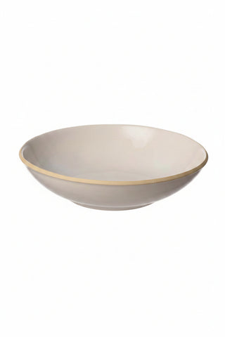 A wide, shallow ceramic bowl with a matte warm beige finish and a thin gold rim, shown on a plain white background with the Nosse Ceramics logo in the top left.