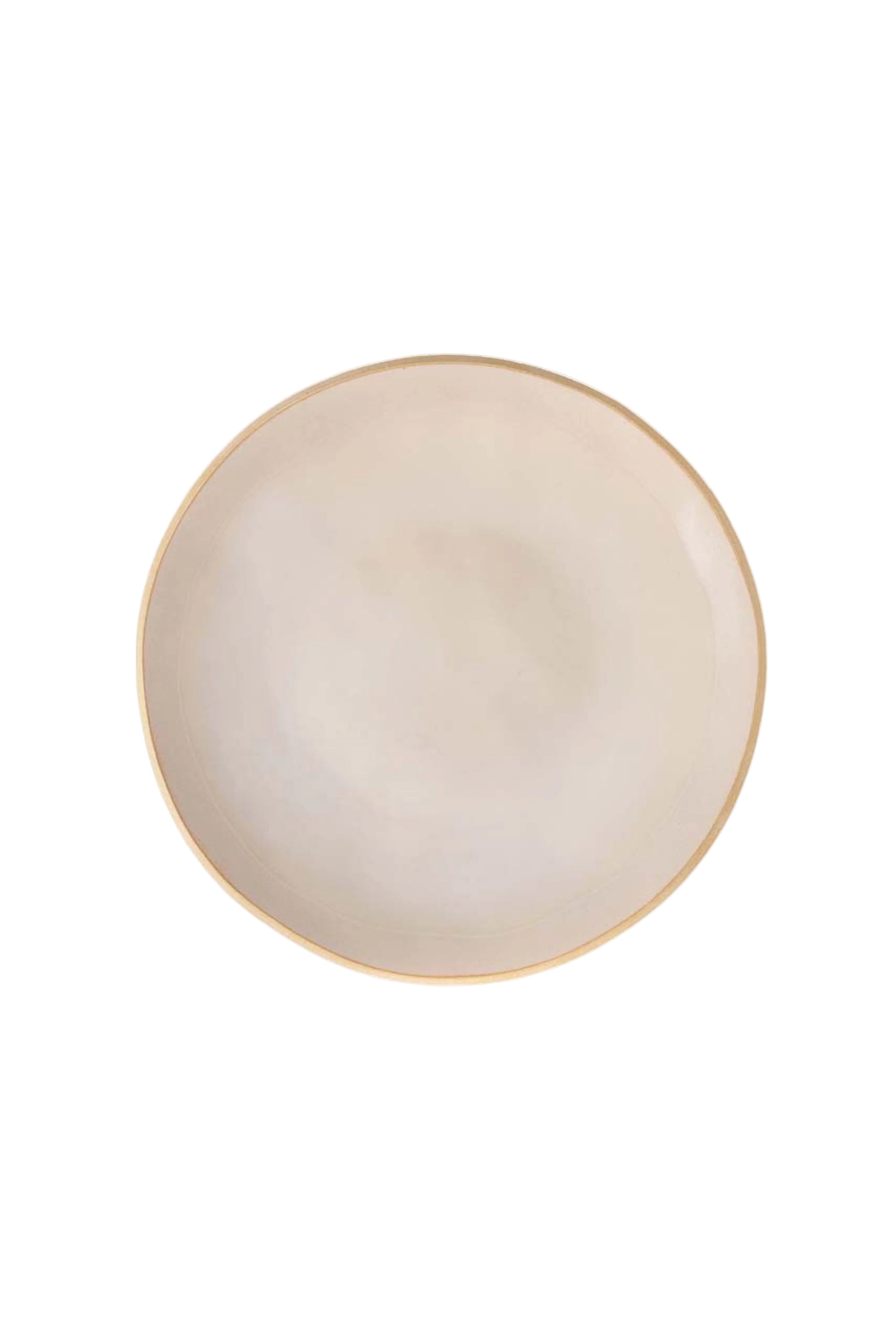 A top-down view of a round ceramic plate with a matte cream finish and a thin gold rim, shown on a white background with the Nosse Ceramics logo in the top left corner.