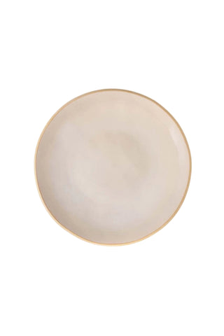 A top-down view of a round ceramic plate with a matte cream finish and a thin gold rim, shown on a white background with the Nosse Ceramics logo in the top left corner.