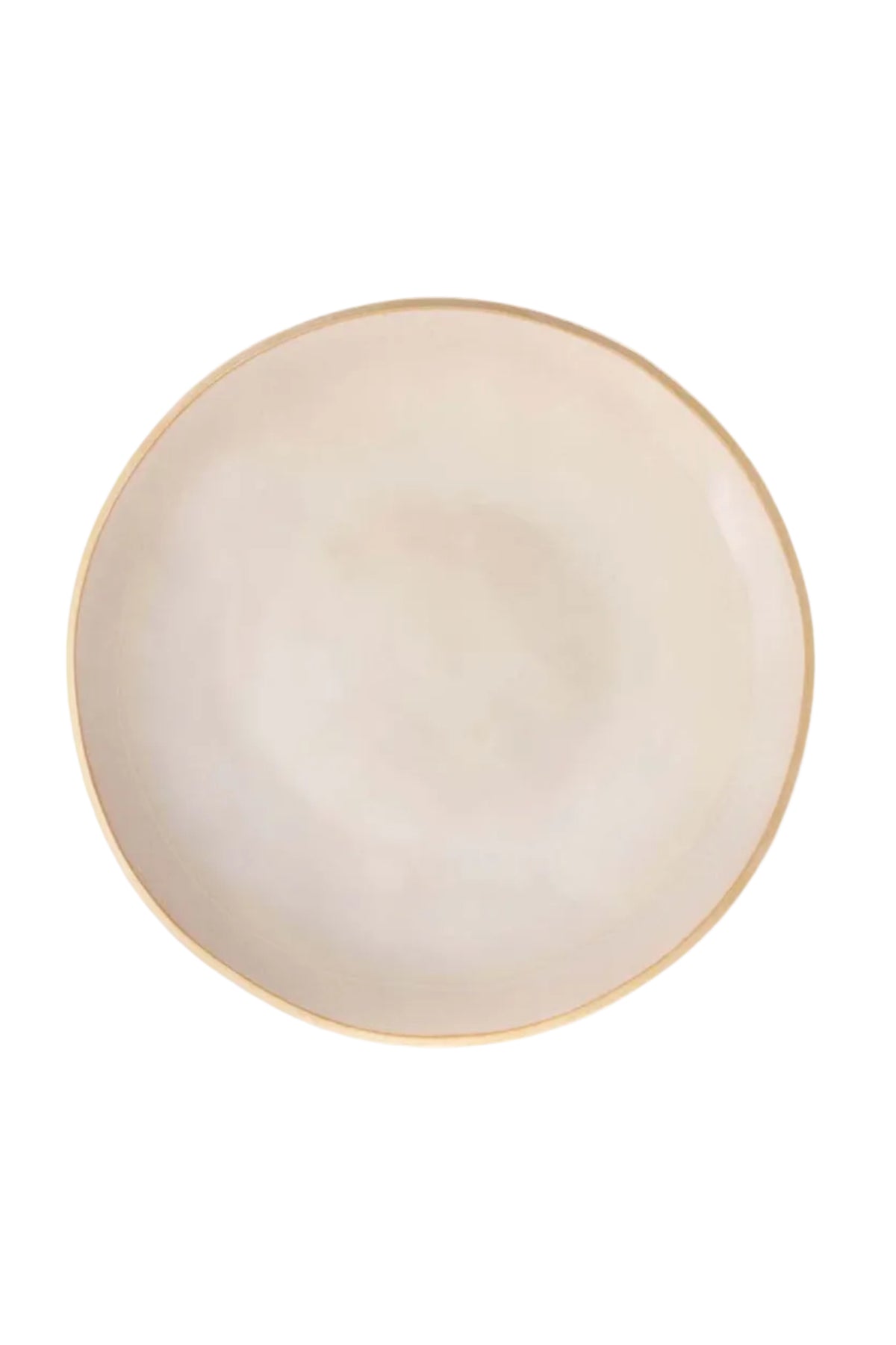 A top-down view of a round ceramic plate in a warm cream color with a thin gold rim, shown on a white background with the Nosse Ceramics logo in the top left corner.